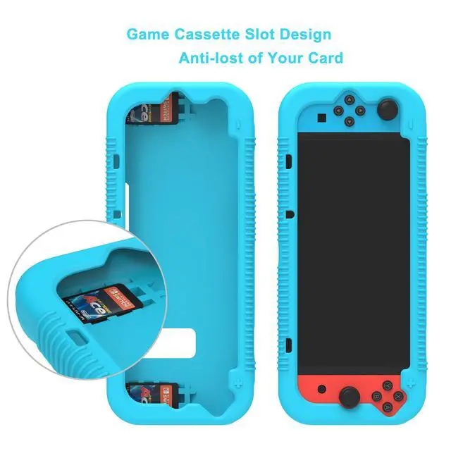 Alt view image 3 of 7 - Protective Silicone Case for Nintendo Switch, Grip Cover with Tempered Glass Screen Protector, 2 Storage Slots for Game Cards, Shock-Absorption & Anti-Scratch (Blue)