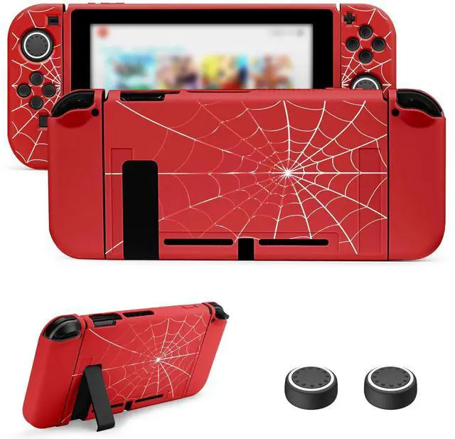 Main image of Protective Case Compatible with Nintendo Switch 2017, TPU Case Accessory for Switch Console and Grip Joy-Con, Switch Protector with 4 Thumb Grips, Red Spider Web