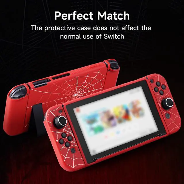 Alt view image 5 of 6 - Protective Case Compatible with Nintendo Switch 2017, TPU Case Accessory for Switch Console and Grip Joy-Con, Switch Protector with 4 Thumb Grips, Red Spider Web