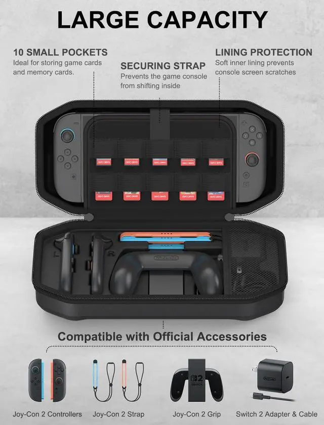 Alt view image 3 of 7 - Carrying Case for Nintendo Switch 2, Hard Shell Travel Case with Large Storage for Console & Accessories