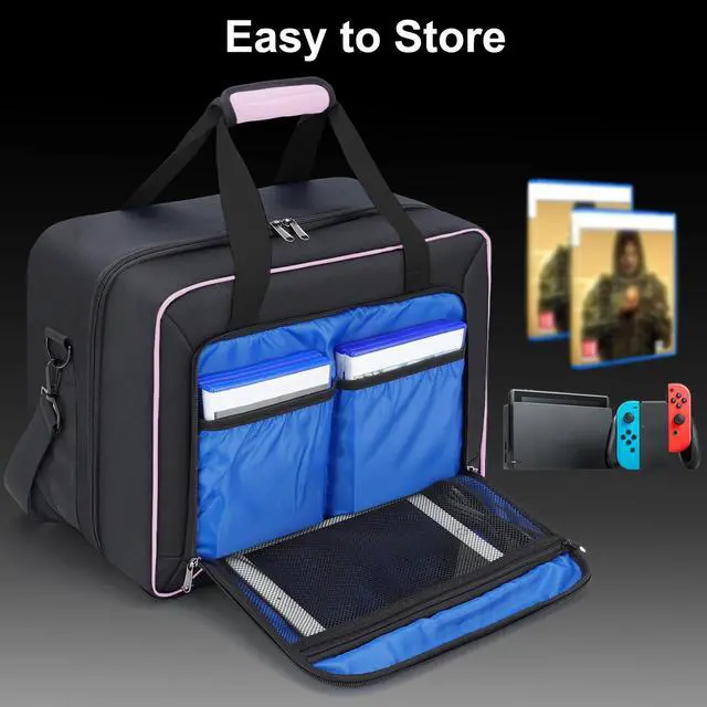 Alt view image 4 of 7 - Carrying Case Fit for PS5, Travel Thickened Protective Bag Compatible with Playstation 5 Console, Headset, PS5 Controller, Game Discs, and Gaming Accessories, Pink