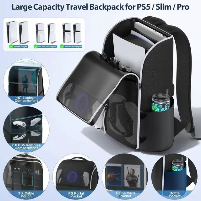 Alt view image 2 of 6 - Backpack for PS5/ Slim/ Pro Console, Full Protection PS5 Carrying Case Travel Bag, Large Capacity PS 5 Storage Bag for Dual Controllers, PS Portal, Laptop, Game Cards, Sony PSP Accessory Kits
