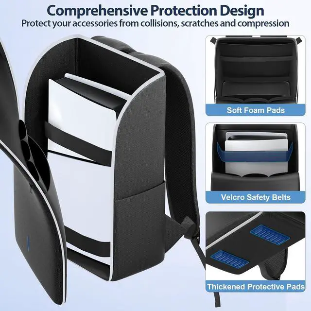 Alt view image 3 of 6 - Backpack for PS5/ Slim/ Pro Console, Full Protection PS5 Carrying Case Travel Bag, Large Capacity PS 5 Storage Bag for Dual Controllers, PS Portal, Laptop, Game Cards, Sony PSP Accessory Kits