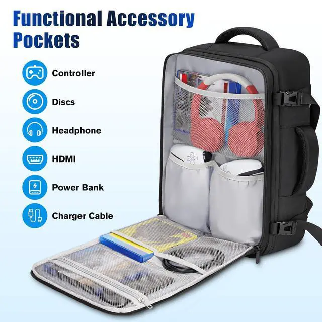Alt view image 4 of 7 - Carrying Case Compatible with PS5/PS5 Pro/PS5 Slim, Protective Travel Bag Backpack Compatible with Playstation 5 Console, Disc, Accessories and 15.6" Laptop, Black