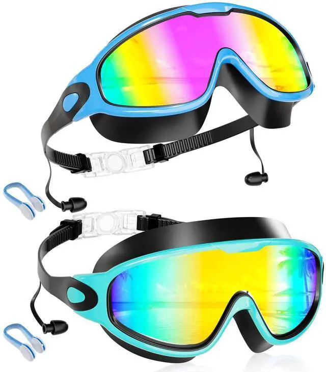 Main image of New Kids 2 Pack Wide View Swim Goggles, Anti-Fog/UV No Leak Goggles with Ear Plugs Kids 3-14