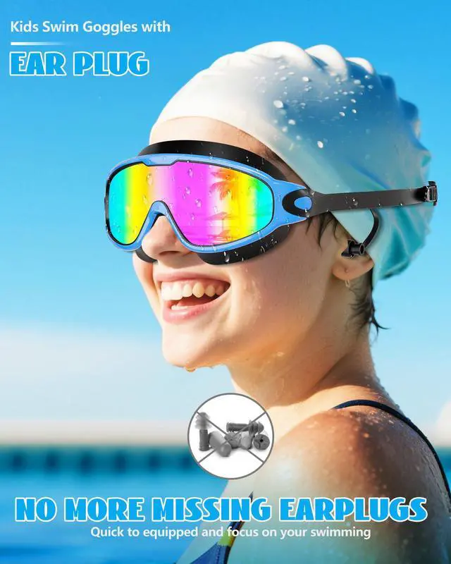 Alt view image 2 of 7 - New Kids 2 Pack Wide View Swim Goggles, Anti-Fog/UV No Leak Goggles with Ear Plugs Kids 3-14