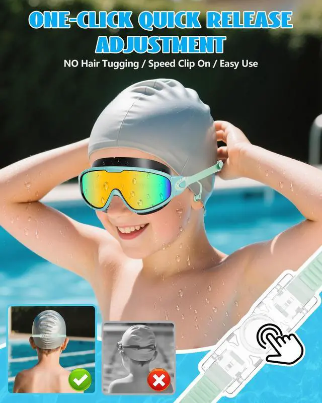 Alt view image 5 of 7 - New Kids 2 Pack Wide View Swim Goggles, Anti-Fog/UV No Leak Goggles with Ear Plugs Kids 3-14