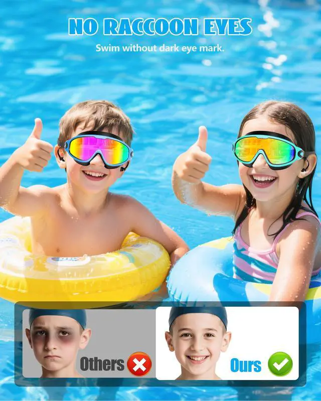 Alt view image 3 of 7 - New Kids 2 Pack Wide View Swim Goggles, Anti-Fog/UV No Leak Goggles with Ear Plugs Kids 3-14
