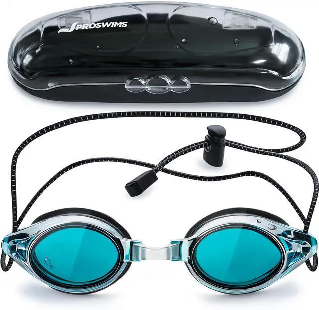 Main image of Anti-Fog Racing Swimming Goggles Blue Lens with Quick Adjustable Elastic Bungee Strap, Hard Case and Bonus Swim Goggles Microfiber Cleaning Cloth