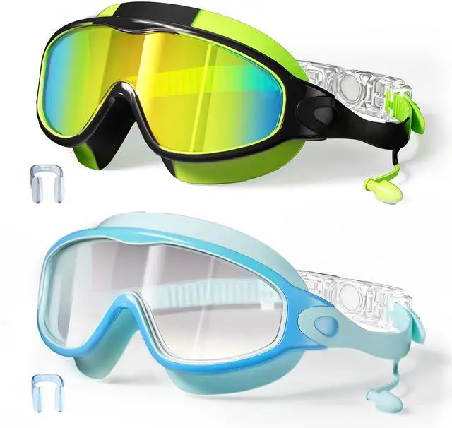 Main image of Swim Goggles for Kids 3-15 with Earplugs Large Frame Anti-Fog/UV Swimming Goggles for Boys Girls Toddler 2PCS (Green Black+Blue New)