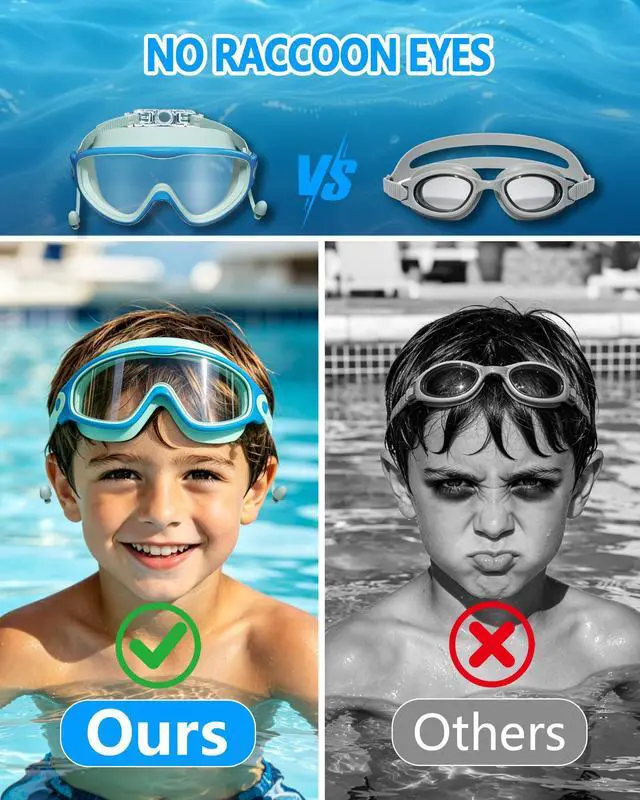 Alt view image 3 of 7 - Swim Goggles for Kids 3-15 with Earplugs Large Frame Anti-Fog/UV Swimming Goggles for Boys Girls Toddler 2PCS (Green Black+Blue New)