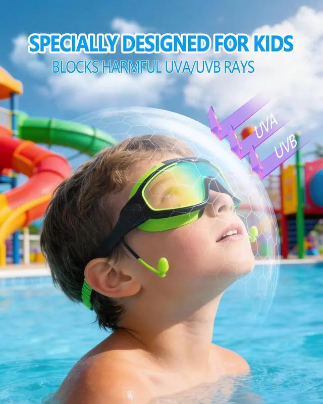 Alt view image 4 of 7 - Swim Goggles for Kids 3-15 with Earplugs Large Frame Anti-Fog/UV Swimming Goggles for Boys Girls Toddler 2PCS (Green Black+Blue New)