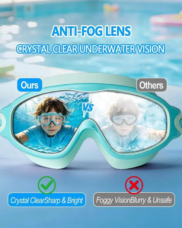 Alt view image 5 of 7 - Swim Goggles for Kids 3-15 with Earplugs Large Frame Anti-Fog/UV Swimming Goggles for Boys Girls Toddler 2PCS (Green Black+Blue New)