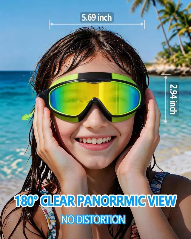 Alt view image 6 of 7 - Swim Goggles for Kids 3-15 with Earplugs Large Frame Anti-Fog/UV Swimming Goggles for Boys Girls Toddler 2PCS (Green Black+Blue New)