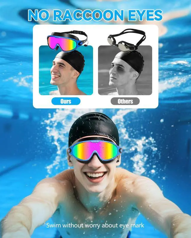 Alt view image 3 of 7 - New Adult Wide View Swim Goggles, Anti-Fog/UV No Leak Swimming Goggles with Ear Plugs for Men & Women