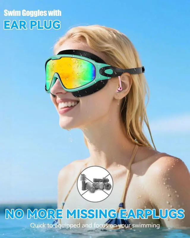 Alt view image 2 of 7 - New Adult Wide View Swim Goggles, Anti-Fog/UV No Leak Swimming Goggles with Ear Plugs for Men & Women