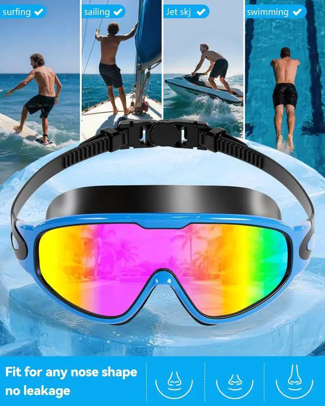 Alt view image 7 of 7 - New Adult Wide View Swim Goggles, Anti-Fog/UV No Leak Swimming Goggles with Ear Plugs for Men & Women
