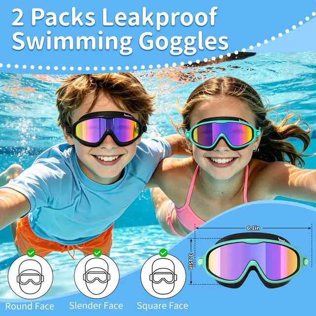 Alt view image 6 of 6 - 2 Pack Kids Swim Goggles, Anti-Fog UV Protection Swimming Goggles for Boys Girls Age 3-14, Leakproof Wide View Youth Goggles
