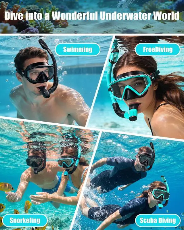 Alt view image 6 of 7 - 2 Pack Snorkeling Gear for Adults, Dry Snorkel Set Panoramic View Enhanced Anti-Leak and Anti-Fog Technology, Adjustable Strap for Snorkeling Scuba Diving Swimming with Mesh Bag