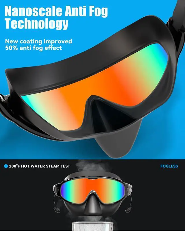Alt view image 4 of 7 - Swim Goggles with Nose Cover for Adults, 2 Pack Wide View Swimming Goggles Anti-Fog/UV No Leak for Men & Women