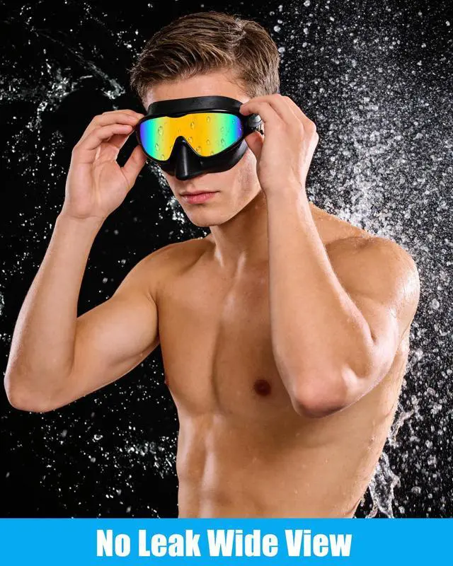 Alt view image 5 of 7 - Swim Goggles with Nose Cover for Adults, 2 Pack Wide View Swimming Goggles Anti-Fog/UV No Leak for Men & Women