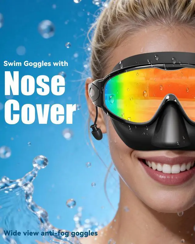 Alt view image 2 of 7 - Swim Goggles with Nose Cover for Adults, 2 Pack Wide View Swimming Goggles Anti-Fog/UV No Leak for Men & Women