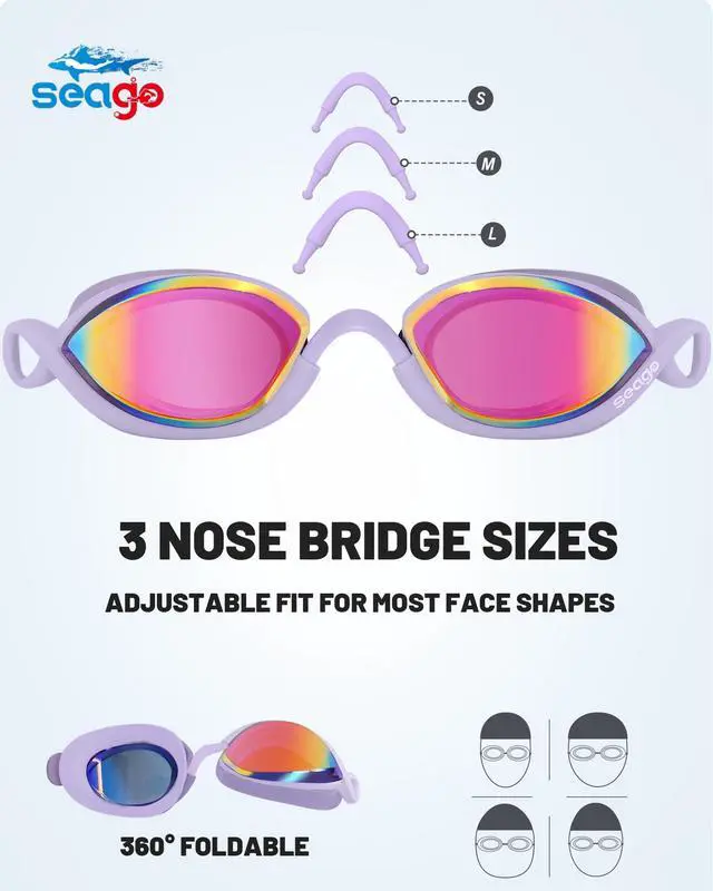 Alt view image 5 of 7 - 2 Pack Professional Racing Goggles Swimming Adult Men Women Youth, Anti-Fog UV Protection Clear View Mirrored Coating, 360° Foldable Adjustable Nose Bridge Suitable for Competition & Training