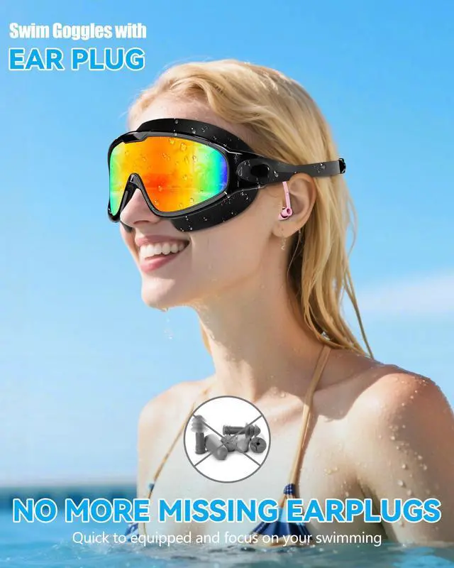 Alt view image 2 of 7 - New Adult Wide View Swim Goggles, Anti-Fog/UV No Leak Swimming Goggles with Ear Plugs for Men & Women