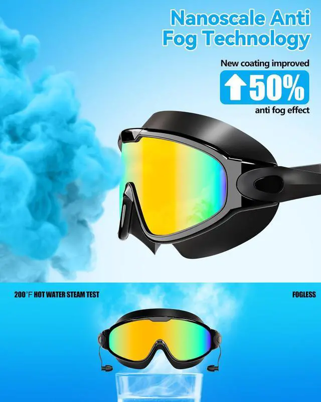 Alt view image 4 of 7 - New Adult Wide View Swim Goggles, Anti-Fog/UV No Leak Swimming Goggles with Ear Plugs for Men & Women