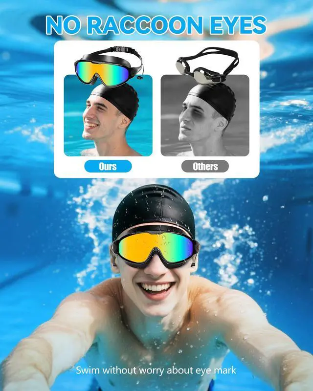 Alt view image 3 of 7 - New Adult Wide View Swim Goggles, Anti-Fog/UV No Leak Swimming Goggles with Ear Plugs for Men & Women