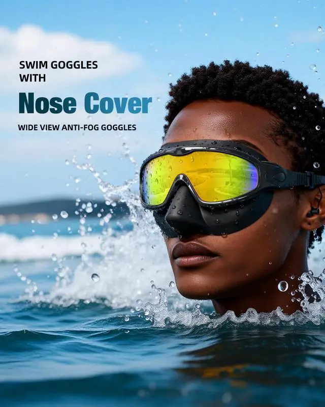Alt view image 2 of 7 - Swim Goggles with Nose Cover for Adults, 2 Pack Wide View Swimming Goggles Anti-Fog/UV No Leak for Men & Women