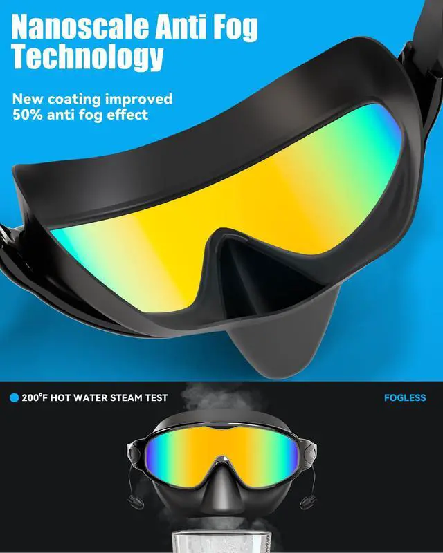Alt view image 4 of 7 - Swim Goggles with Nose Cover for Adults, 2 Pack Wide View Swimming Goggles Anti-Fog/UV No Leak for Men & Women