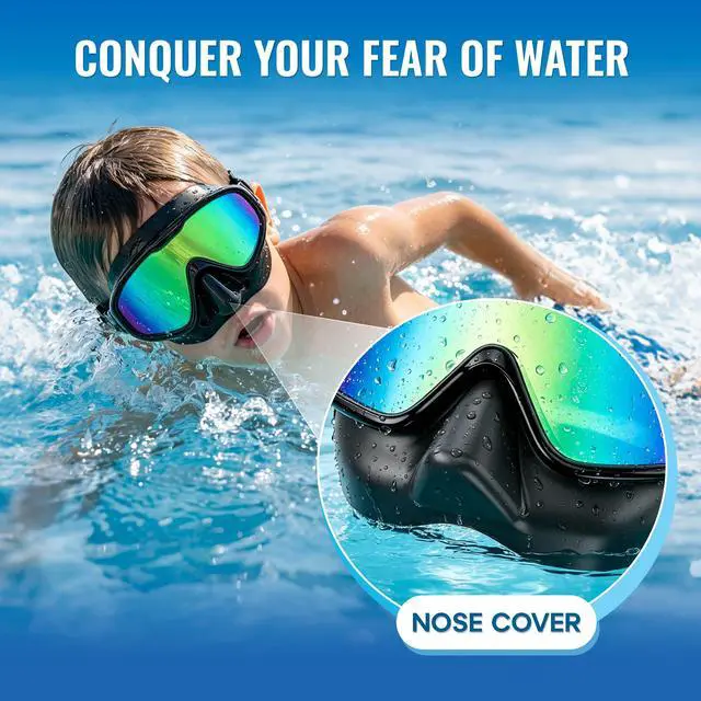 Alt view image 2 of 7 - 2PCS Swim Goggles with Nose Cover,Kids Swimming Goggles with Fabric Strap,Wide View No Leaking Pool Goggles for Kid Youth Adult