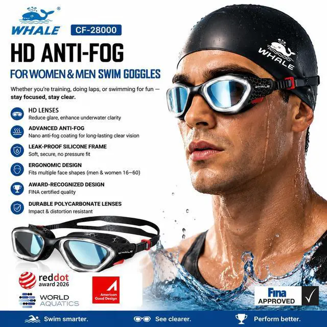 Alt view image 2 of 7 - Swim Goggles, HD Anti-Fog Goggles, Unisex | 100% UV Protection | Anti-Fog Design (Black)