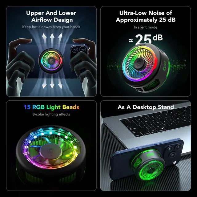 Alt view image 4 of 7 - FunCooler 6 Magnetic Cell Phone Cooler for Gaming, Portable Mobile Phone Cooling Fan with RGB Light, App-Controlled Cellphone Radiator for iPhone Magnetic Series/iPad (Black)