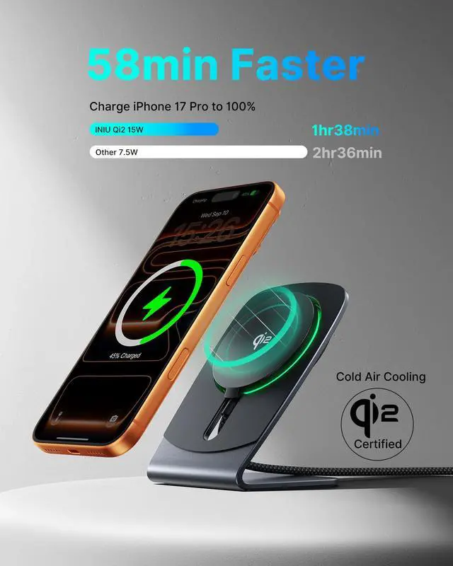 Alt view image 2 of 7 - 2 in 1 Detachable Wireless Charger Stand, Qi2 Certified 15W Wireless Charging Pad with Dimmable Light for iPhone 17-12 Series & AirPods 4-2, Strong Magnet Charger for Home Office (with Adapter)