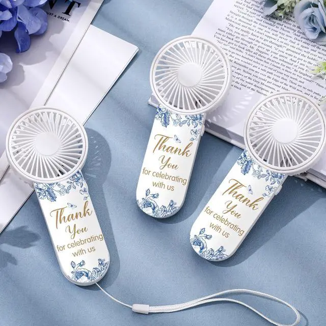 Alt view image 2 of 7 - 50 Pcs Mini Handheld Electric Fans for Wedding Guests Bulk, Personal Portable Hand Fan Battery Powered Thank You for Celebrating for Wedding Favor, Battery Not Include(Blue,Flower)