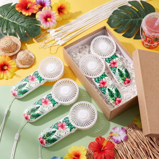 Alt view image 3 of 6 - 12 Pcs Mini Portable Hawaiian Fan Bulk Small Personal Handheld Fan with Lanyard for Team Gift Game Outdoor Sport Party Favors, Battery Not Include(Green and Pink)