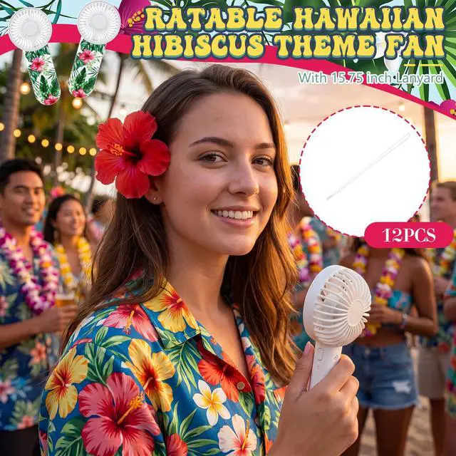 Alt view image 4 of 6 - 12 Pcs Mini Portable Hawaiian Fan Bulk Small Personal Handheld Fan with Lanyard for Team Gift Game Outdoor Sport Party Favors, Battery Not Include(Green and Pink)