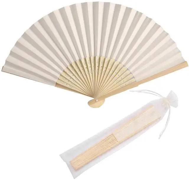 Main image of 50pcs Paper Hand Fan with Organza Bags Bamboo Handheld Folding Fans DIY Decorative Wedding Party Favors (Cream)