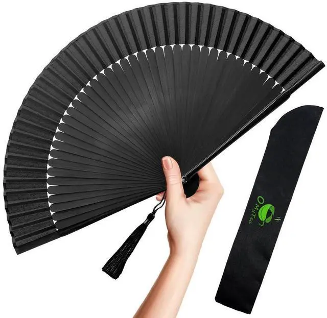 Main image of Folding Hand Fan for Women - Foldable Chinese Japanese Vintage Bamboo Silk Fan - for Hot Flash, Church, Decoration, EDM, Music Festival, Dance, Party, Performance, Gift (Solid Sexy Black)