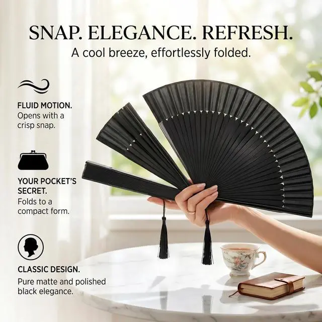 Alt view image 2 of 7 - Folding Hand Fan for Women - Foldable Chinese Japanese Vintage Bamboo Silk Fan - for Hot Flash, Church, Decoration, EDM, Music Festival, Dance, Party, Performance, Gift (Solid Sexy Black)