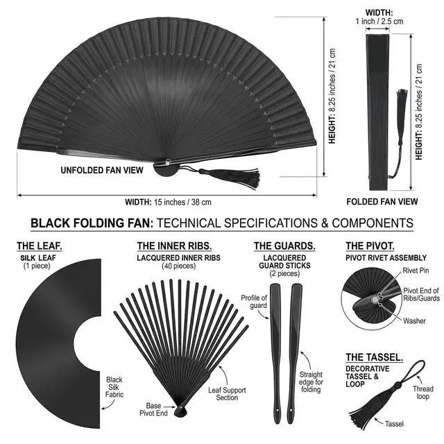 Alt view image 4 of 7 - Folding Hand Fan for Women - Foldable Chinese Japanese Vintage Bamboo Silk Fan - for Hot Flash, Church, Decoration, EDM, Music Festival, Dance, Party, Performance, Gift (Solid Sexy Black)