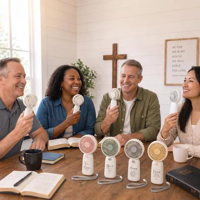 Alt view image 6 of 7 - 12 Pcs Bible Verse Mini Handheld Fans, 4 Colors Portable Personal Fans with Lanyard for Men, VBS, Church Events, Faith Based Encouragement Gifts, Batteries Not Included