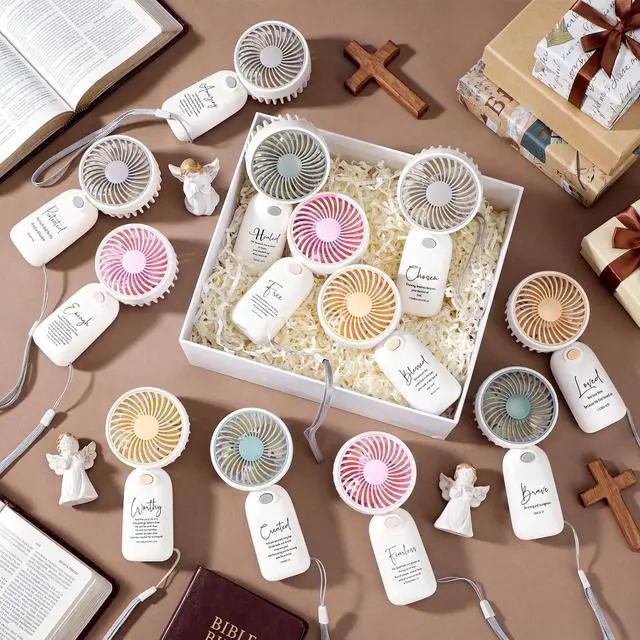 Alt view image 5 of 7 - 12 Pcs Bible Verse Mini Handheld Fans, 4 Colors Portable Personal Fans with Lanyard for Men, VBS, Church Events, Faith Based Encouragement Gifts, Batteries Not Included