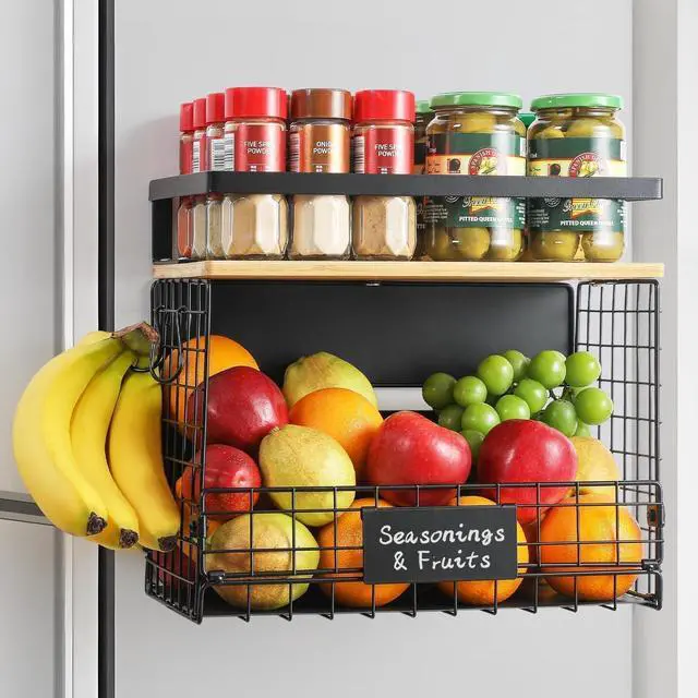 Main image of 1 SET Strong Magnetic Shelf Basket for Fridge with Tag & Bamboo Top, XXL Large Magnetic Spice Rack Shelves for Side of Refrigerator, Kitchen Pantry Storage Organizer for Food Fruit Veg