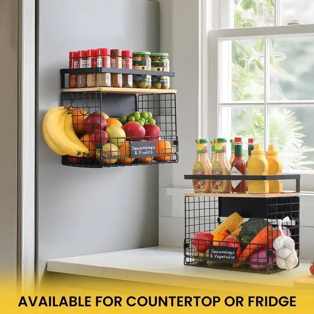 Alt view image 4 of 7 - 1 SET Strong Magnetic Shelf Basket for Fridge with Tag & Bamboo Top, XXL Large Magnetic Spice Rack Shelves for Side of Refrigerator, Kitchen Pantry Storage Organizer for Food Fruit Veg