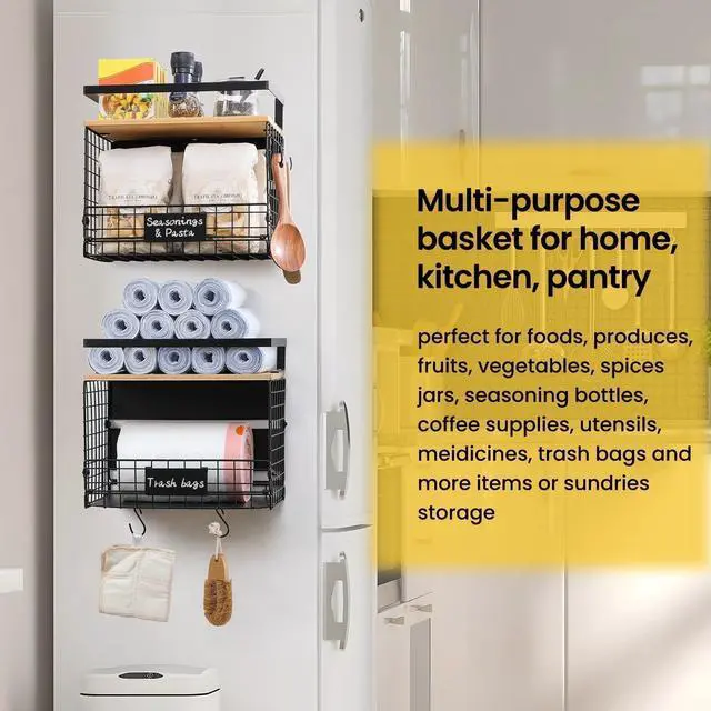 Alt view image 5 of 7 - 1 SET Strong Magnetic Shelf Basket for Fridge with Tag & Bamboo Top, XXL Large Magnetic Spice Rack Shelves for Side of Refrigerator, Kitchen Pantry Storage Organizer for Food Fruit Veg