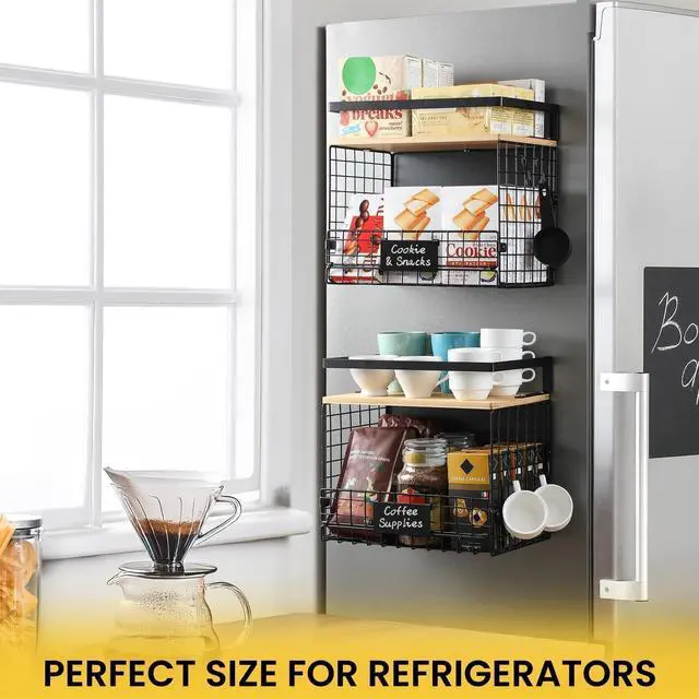 Alt view image 6 of 7 - 1 SET Strong Magnetic Shelf Basket for Fridge with Tag & Bamboo Top, XXL Large Magnetic Spice Rack Shelves for Side of Refrigerator, Kitchen Pantry Storage Organizer for Food Fruit Veg