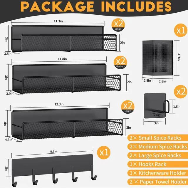 Alt view image 2 of 6 - Magnetic Spice Rack for Refrigerator, 10 Pack 100% Metal Strong Magnet Shelf, Moveable Spice Organizer W/ Adjustable Paper Towel Holder, Hook Rack & Utensil Caddy, Home Kitchen Laundry Storage, Black